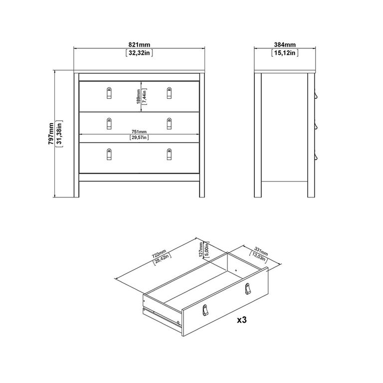 Barcelona Chest - 3 Drawer - Small - White
