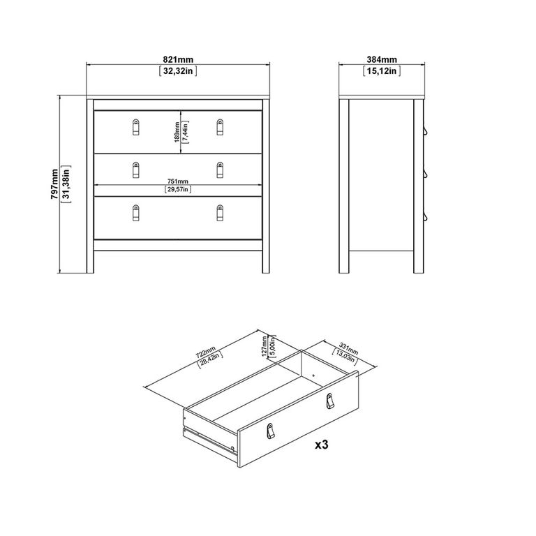 Madrid Chest - 3 Drawer - Small - Black