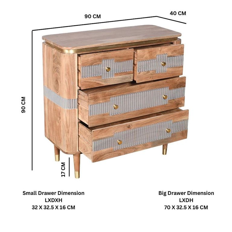 Wilton Chest - 2+2 Drawer - Ribbed - Gold Trim - Acacia Wood
