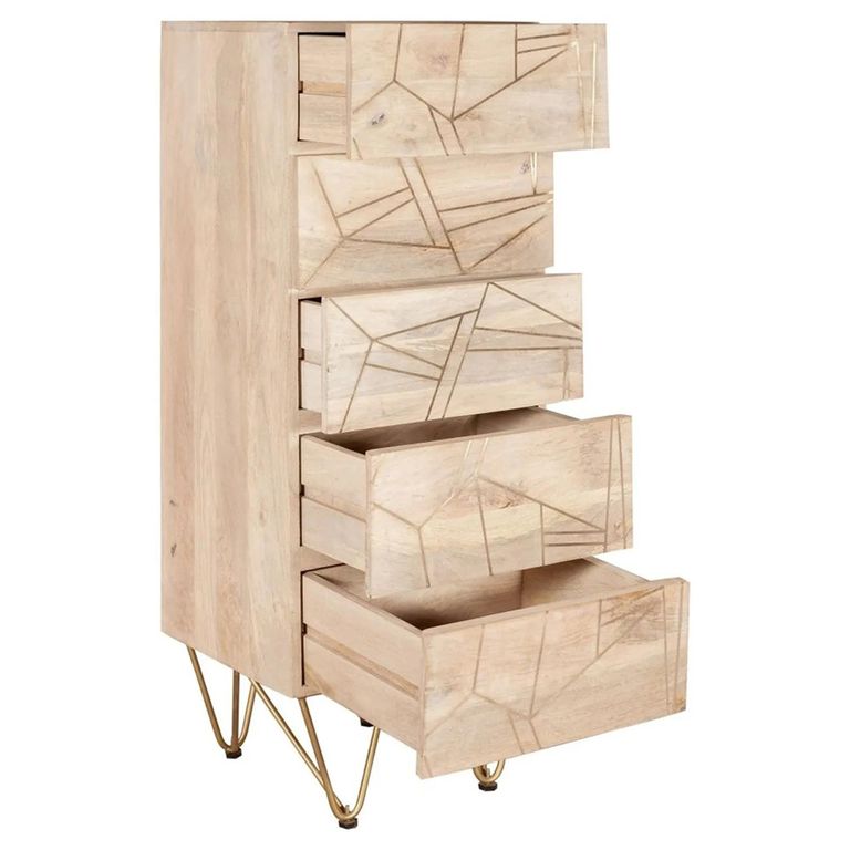 Chest - 5 Drawer - Tall - Hairpin Legs - Gold Geometric Inlay - Light Mango Wood