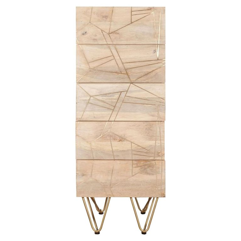 Chest - 5 Drawer - Tall - Hairpin Legs - Gold Geometric Inlay - Light Mango Wood