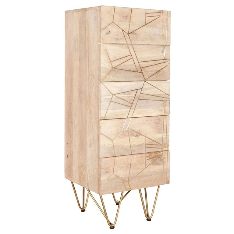 Chest - 5 Drawer - Tall - Hairpin Legs - Gold Geometric Inlay - Light Mango Wood