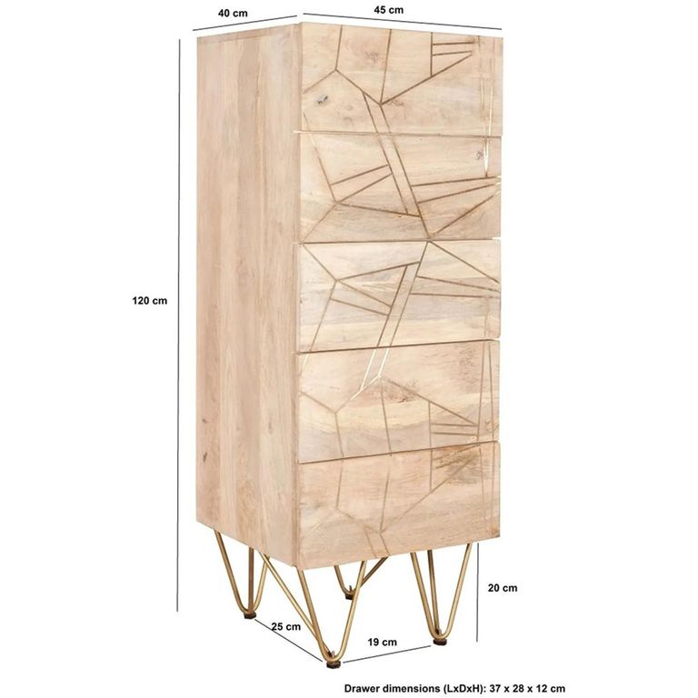 Chest - 5 Drawer - Tall - Hairpin Legs - Gold Geometric Inlay - Light Mango Wood