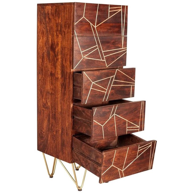 Chest - 5 Drawer - Tall - Hairpin Legs - Gold Geometric Inlay - Dark Mango Wood