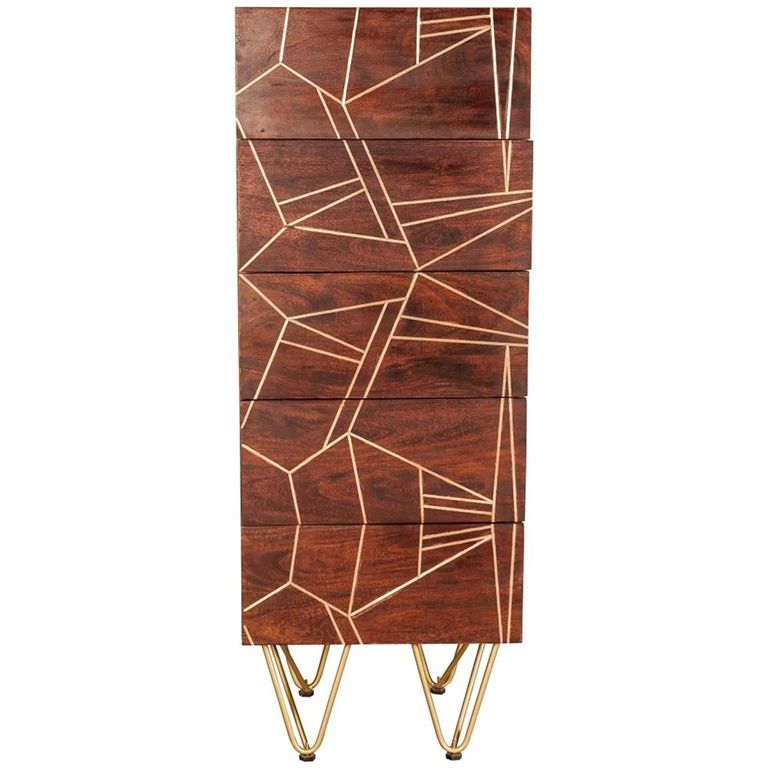 Chest - 5 Drawer - Tall - Hairpin Legs - Gold Geometric Inlay - Dark Mango Wood