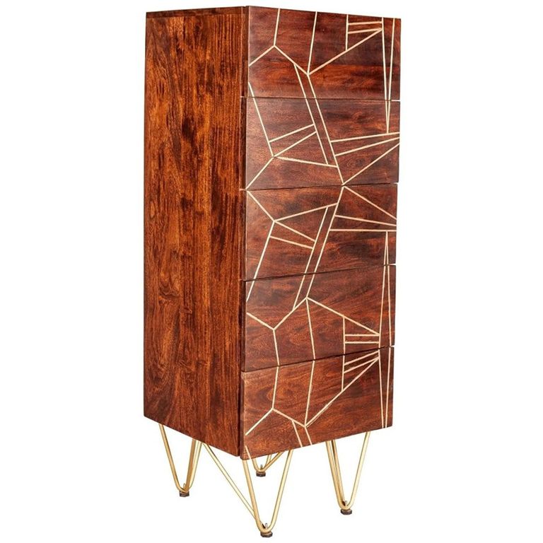 Chest - 5 Drawer - Tall - Hairpin Legs - Gold Geometric Inlay - Dark Mango Wood