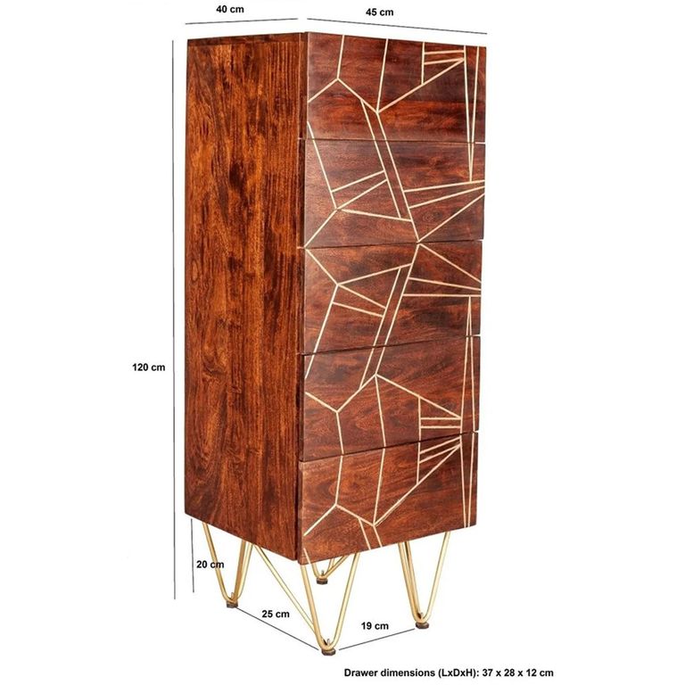 Chest - 5 Drawer - Tall - Hairpin Legs - Gold Geometric Inlay - Dark Mango Wood