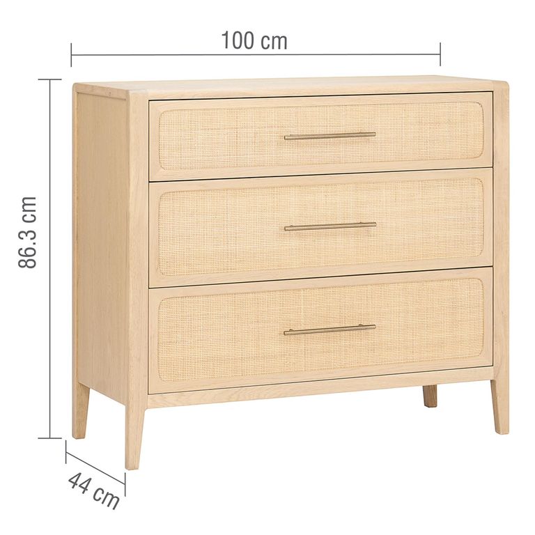 Casera Chest - 3 Drawer - Narrow - Natural Rattan and American Oak