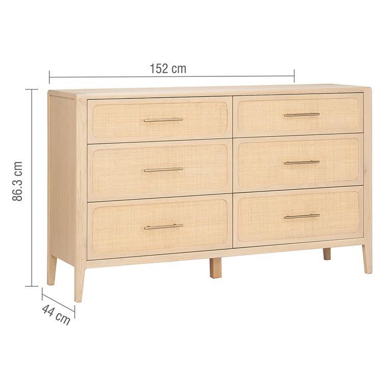 Casera Chest - 6 Drawer - Wide - Natural Rattan and American Oak