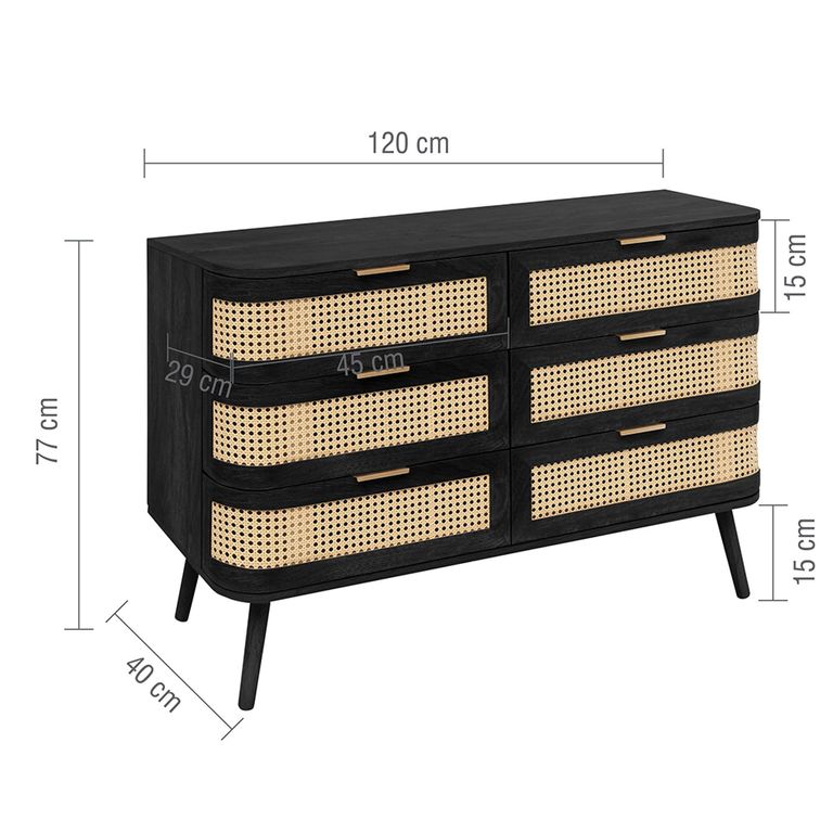 Noah Curved Chest - 6 Drawer - Wide - Black - Rattan