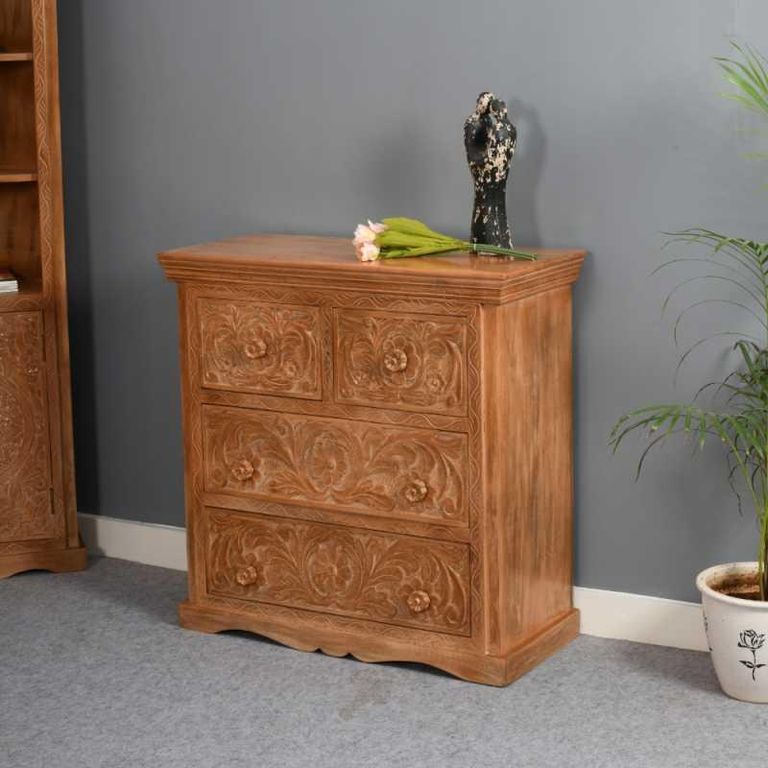Carved Mango Wood 4 Drawer Chest