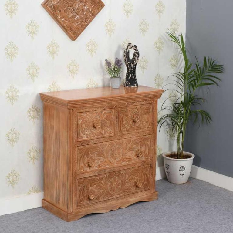 Carved Mango Wood 4 Drawer Chest