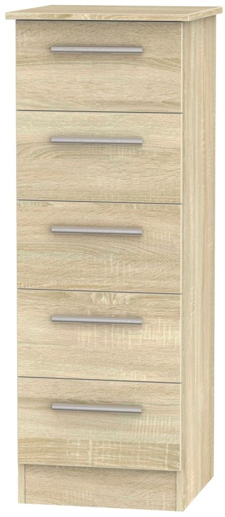 Contrast Oak Effect 5 Drawer Narrow Chest