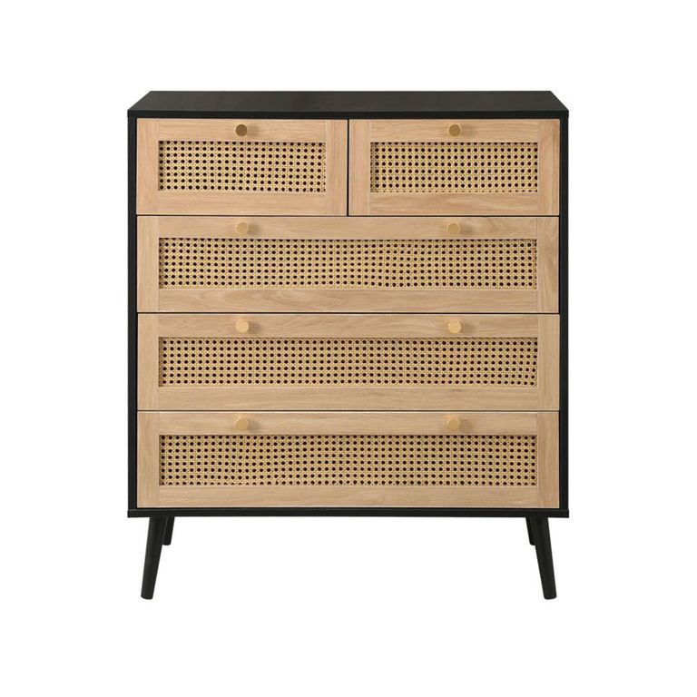 Croxley Chest - 2+3 Drawer - Black and Rattan