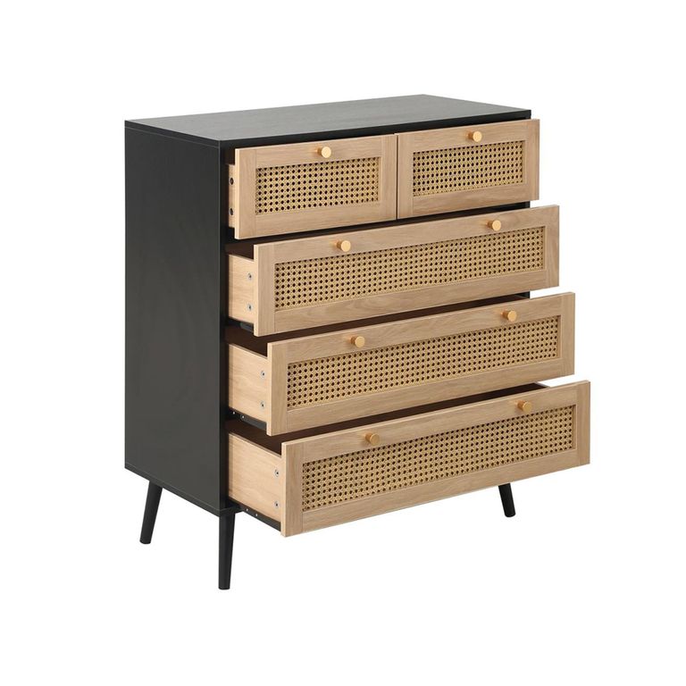 Croxley Chest - 2+3 Drawer - Black and Rattan