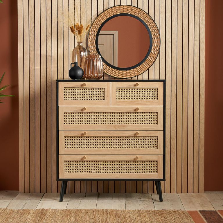 Croxley Chest - 2+3 Drawer - Black and Rattan