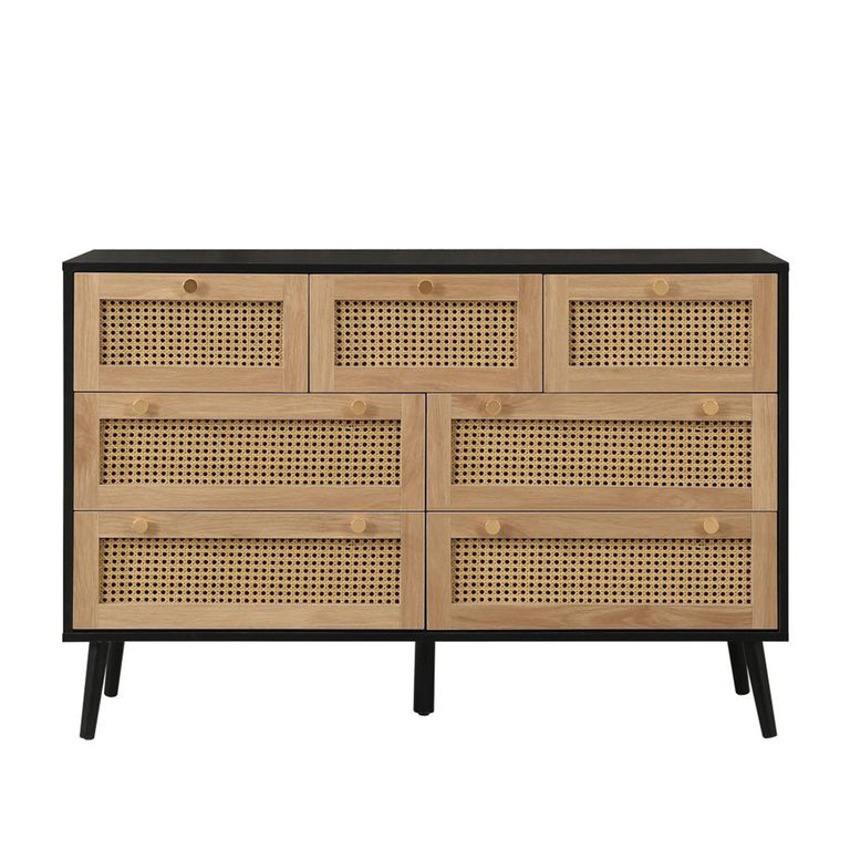 Croxley Wide Chest - 7 Drawer - Black and Rattan