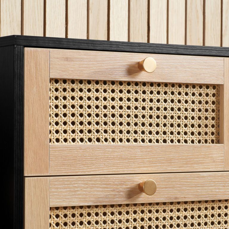 Croxley Wide Chest - 7 Drawer - Black and Rattan