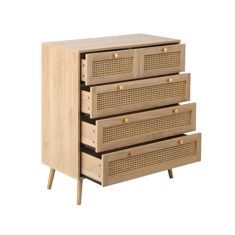Croxley Chest - 2+3 Drawer - Oak and Rattan