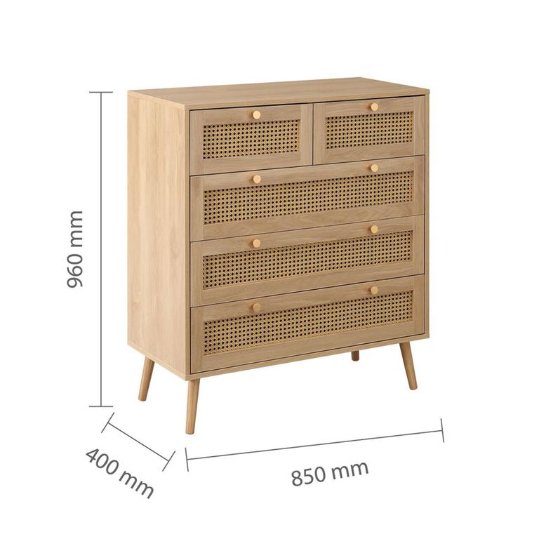 Croxley Chest - 2+3 Drawer - Oak and Rattan
