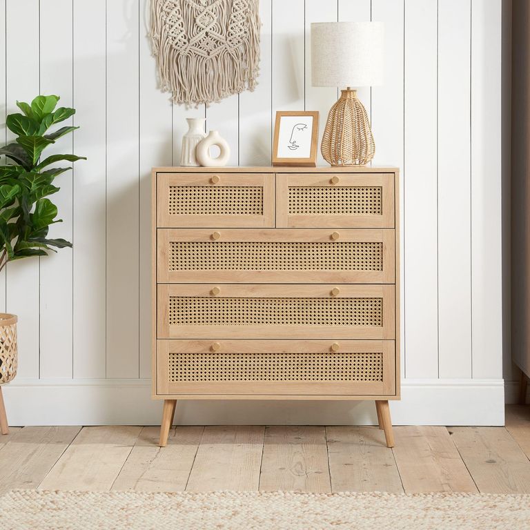 Croxley Chest - 2+3 Drawer - Oak and Rattan