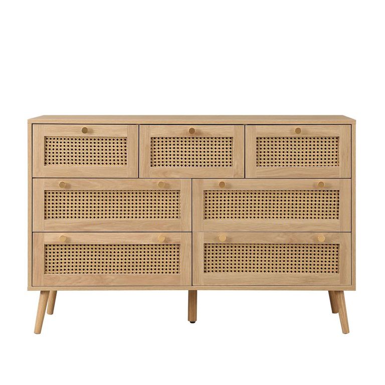 Croxley Wide Chest - 7 Drawer - Oak and Rattan
