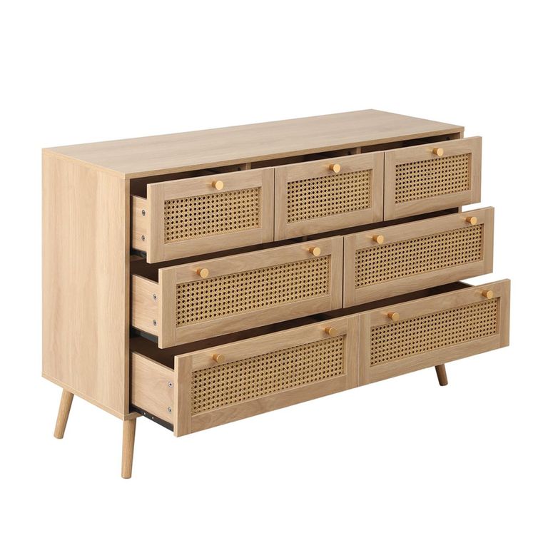 Croxley Wide Chest - 7 Drawer - Oak and Rattan