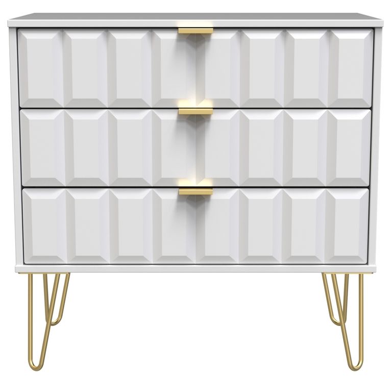 Cube White 3 Drawer Small Chest with Gold Hairpin Legs