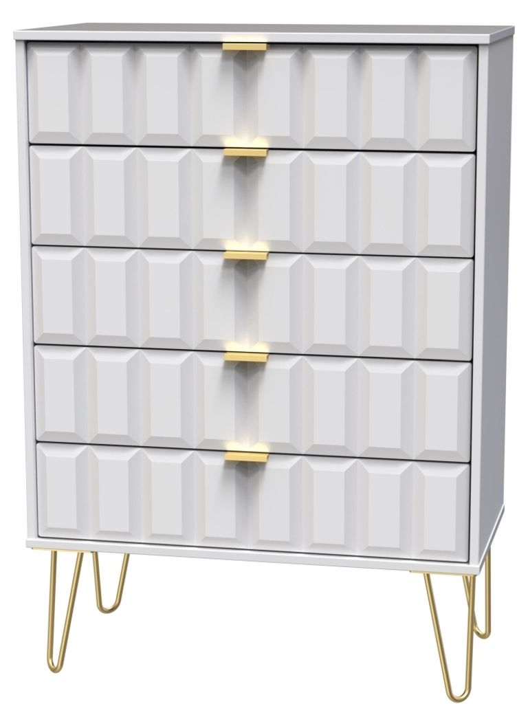 Cube White 5 Drawer Chest with Gold Hairpin Legs