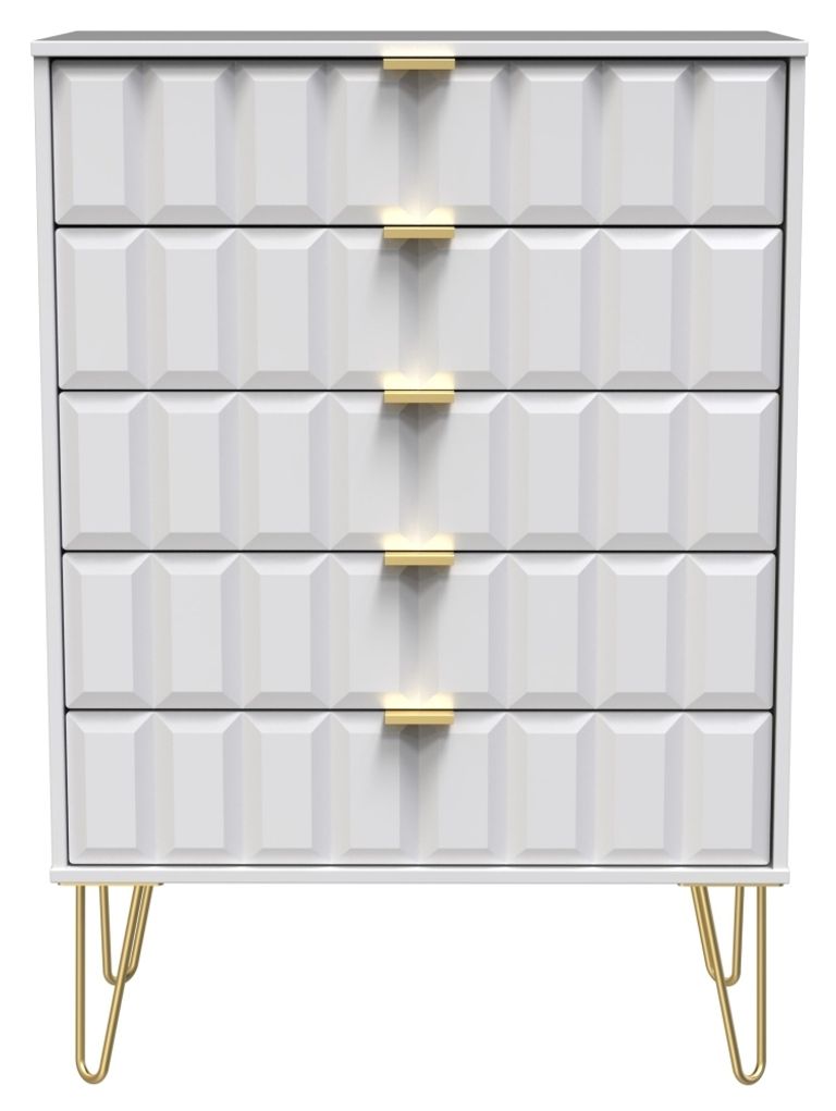Cube White 5 Drawer Chest with Gold Hairpin Legs
