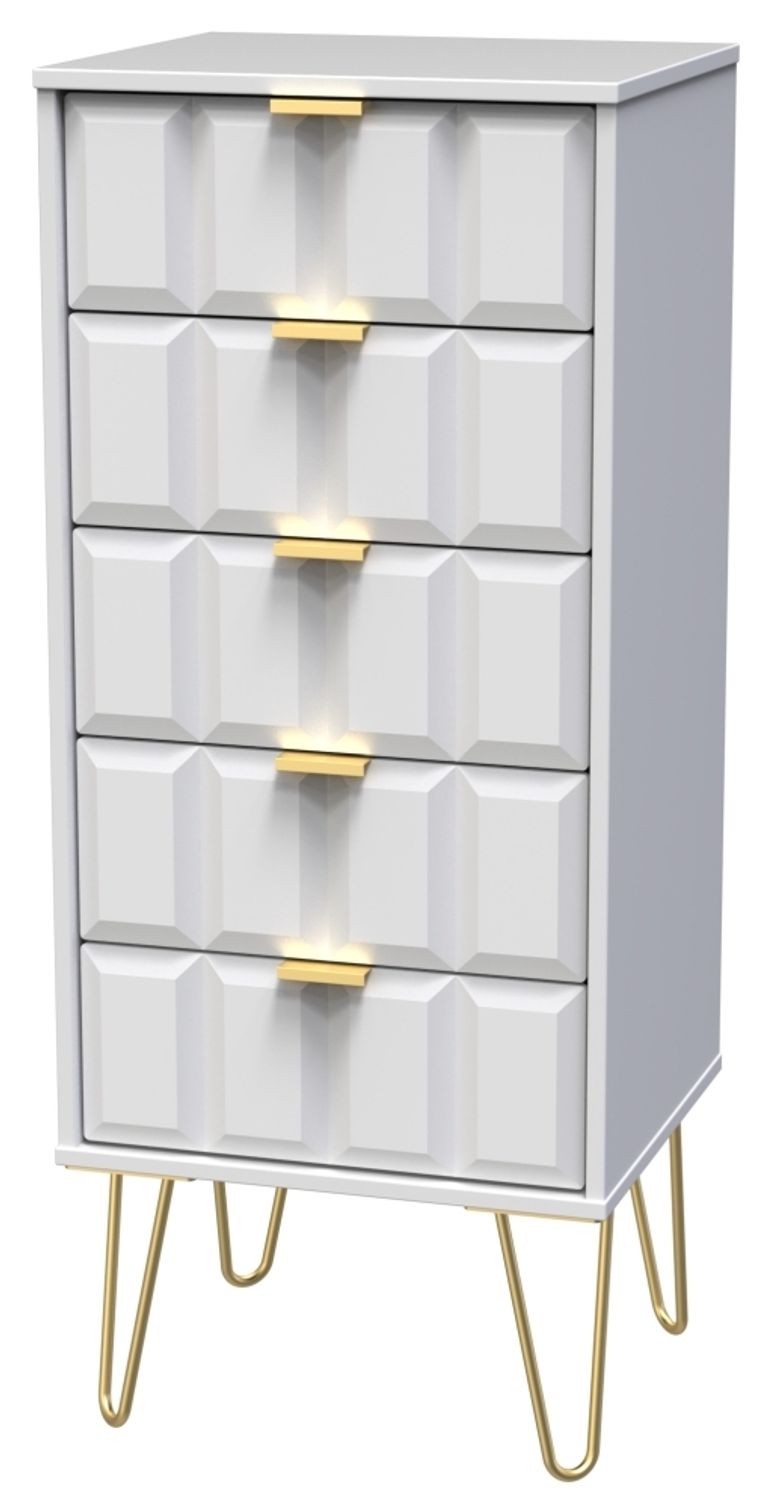 Cube White 5 Drawer Narrow Chest with Gold Hairpin Legs