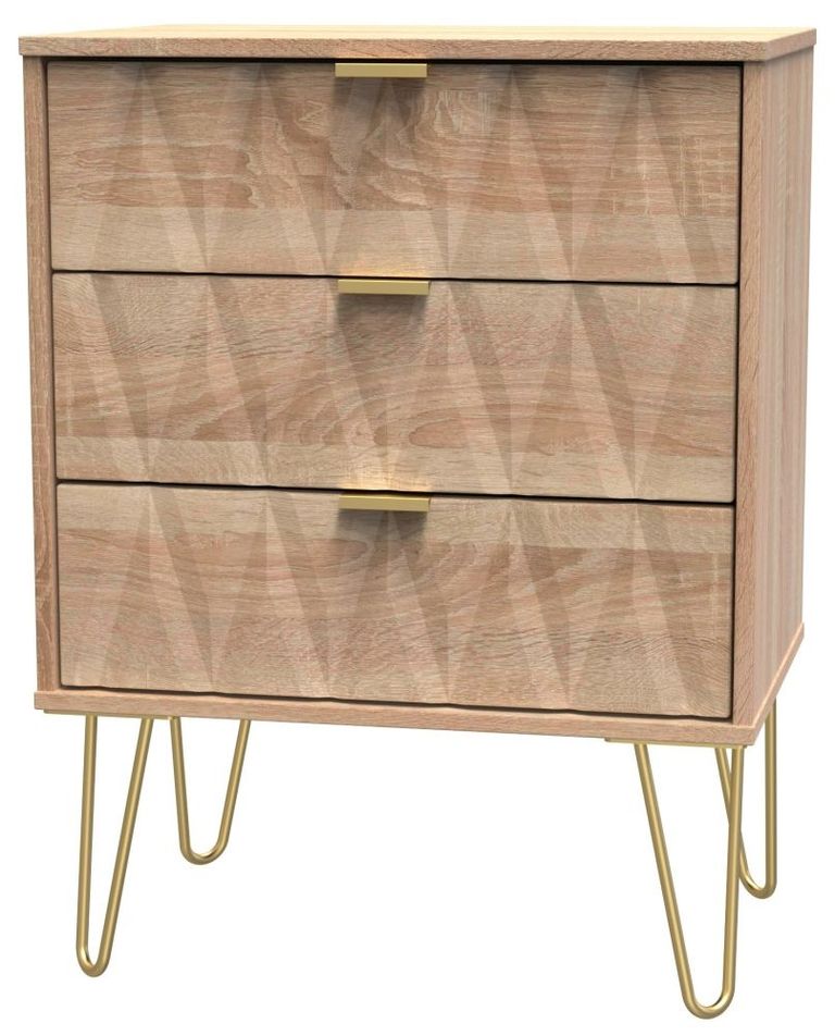 Diamond Oak Effect 3 Drawer Midi Chest with Gold Hairpin Legs
