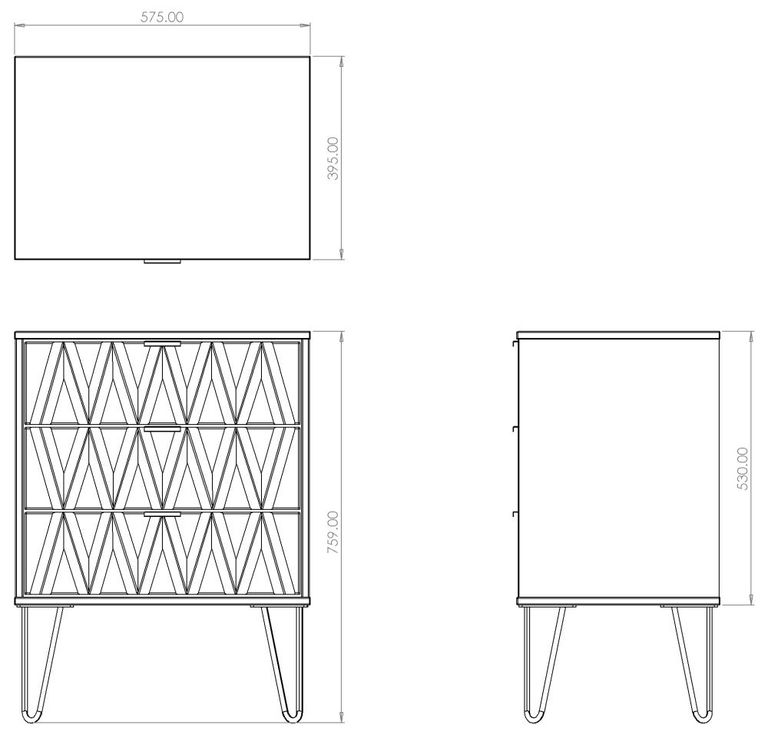 Diamond Oak Effect 3 Drawer Midi Chest with Gold Hairpin Legs