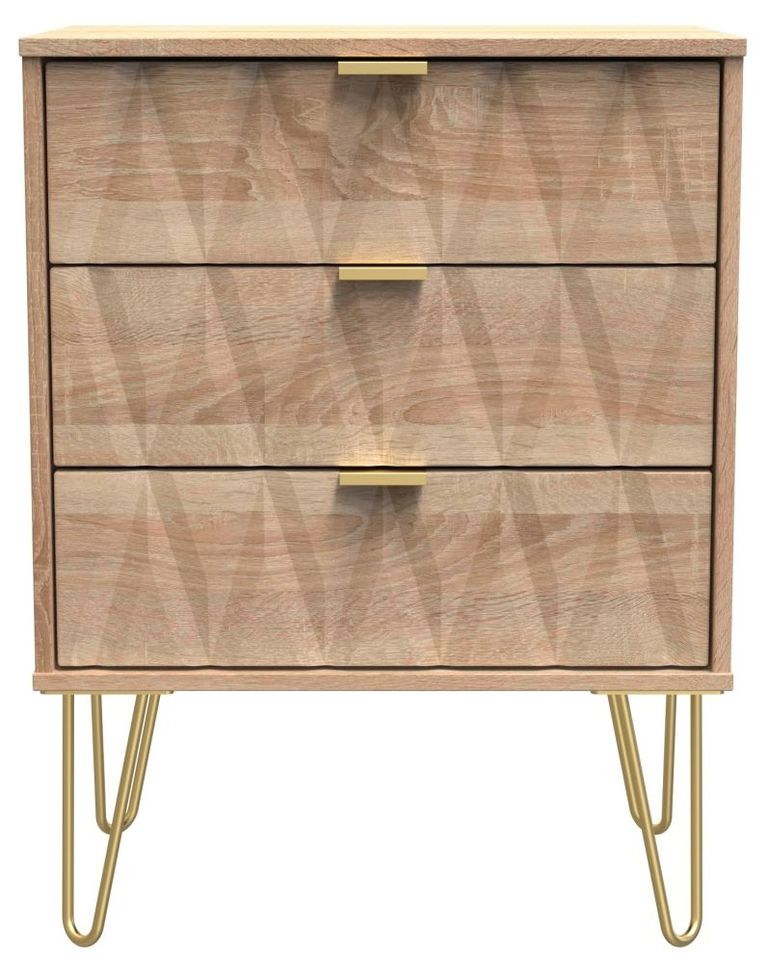 Diamond Oak Effect 3 Drawer Midi Chest with Gold Hairpin Legs