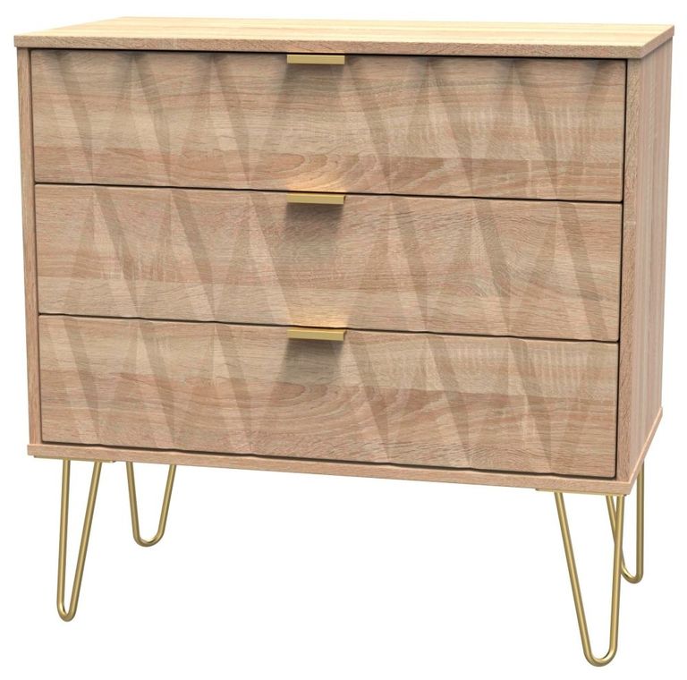 Diamond Oak Effect 3 Drawer Small Chest with Gold Hairpin Legs