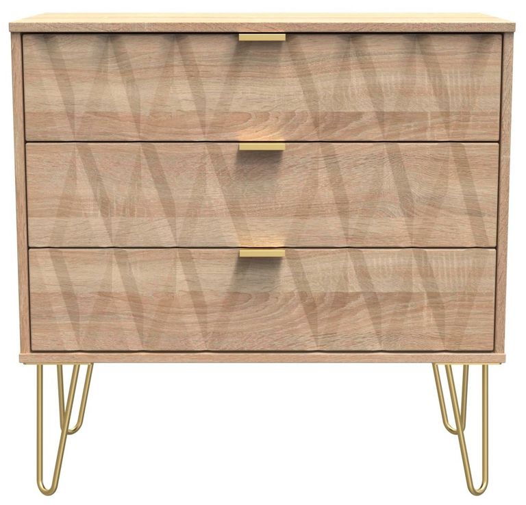 Diamond Oak Effect 3 Drawer Small Chest with Gold Hairpin Legs