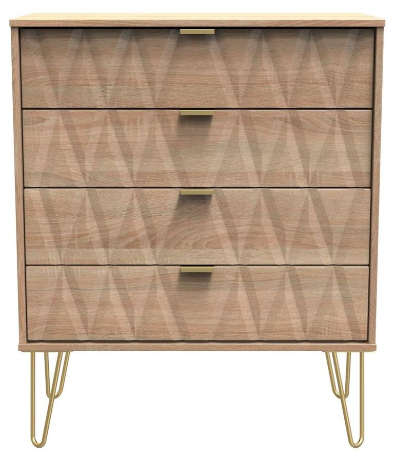 Diamond Oak Effect 4 Drawer Chest with Gold Hairpin Legs