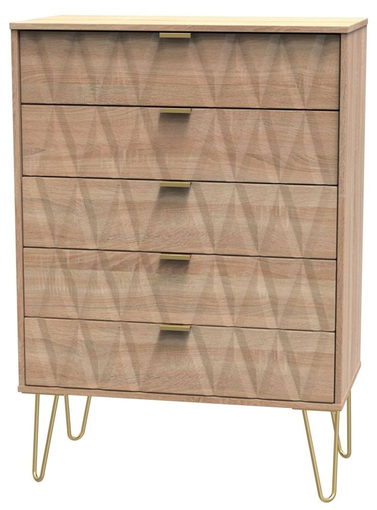 Diamond Oak Effect 5 Drawer Chest with Gold Hairpin Legs