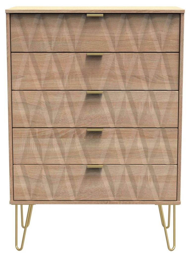 Diamond Oak Effect 5 Drawer Chest with Gold Hairpin Legs