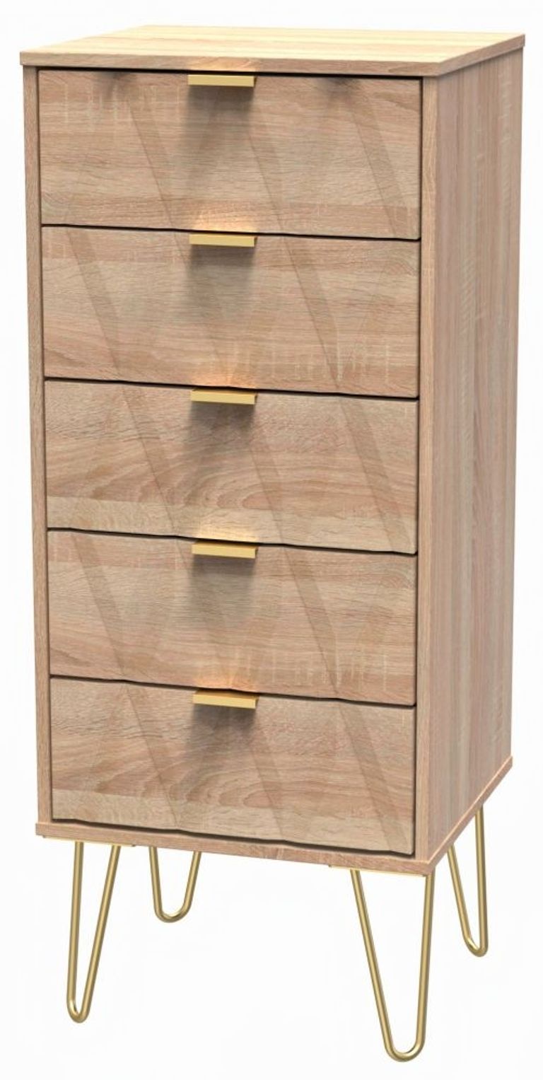 Diamond Oak Effect 5 Drawer Narrow Chest with Gold Hairpin Legs
