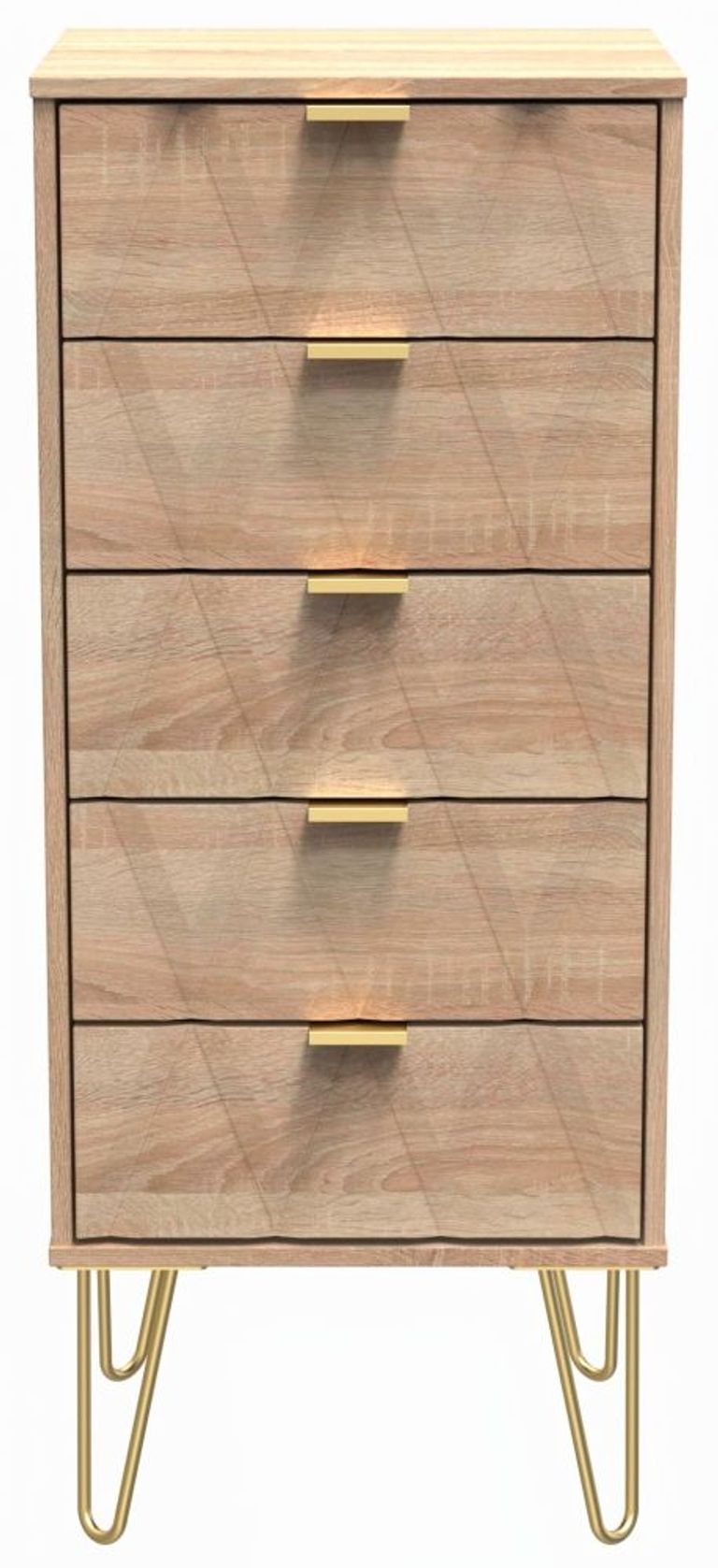 Diamond Oak Effect 5 Drawer Narrow Chest with Gold Hairpin Legs