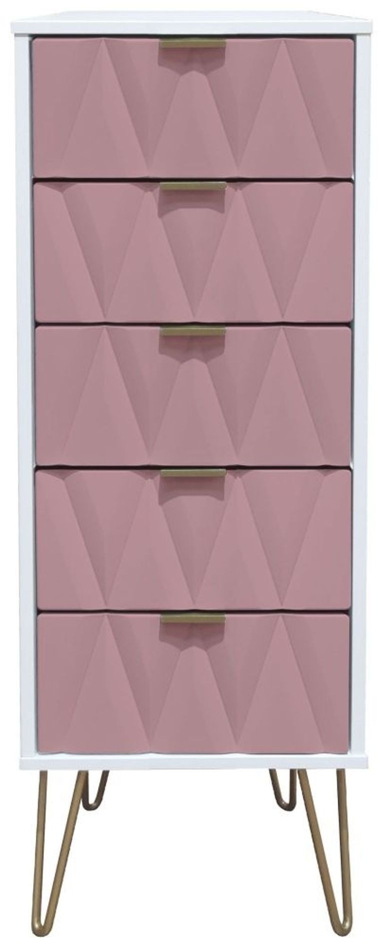 Diamond Pink and White 5 Drawer Narrow Chest with Gold Hairpin Legs