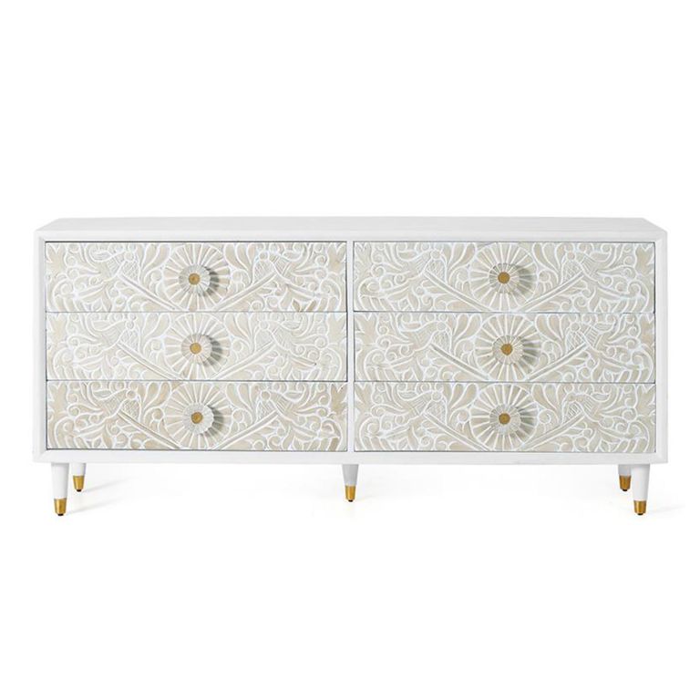 Dover Chest - White Carved Mango Wood - 6 Drawer - Wide
