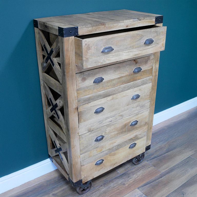 Chest - Mango Wood - 5 Drawer - on Wheels