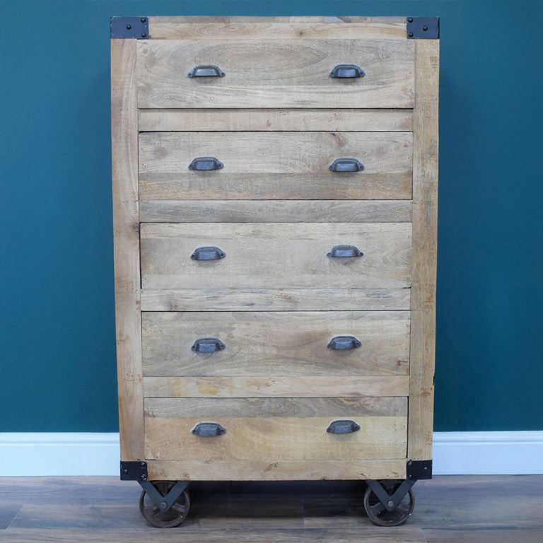 Chest - Mango Wood - 5 Drawer - on Wheels