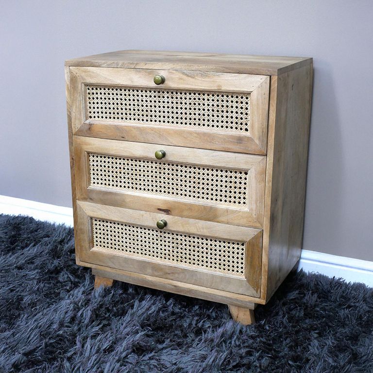 Chest - Mango Wood and Rattan - 3 Drawer - Small