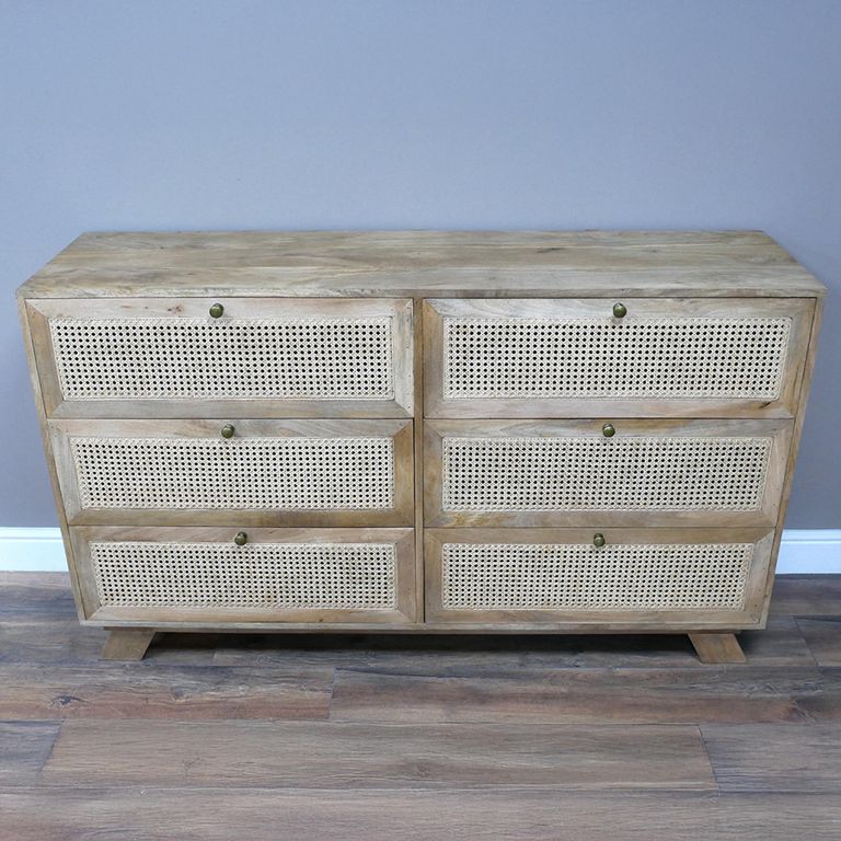 Chest - Mango Wood and Rattan - 6 Drawer - Wide