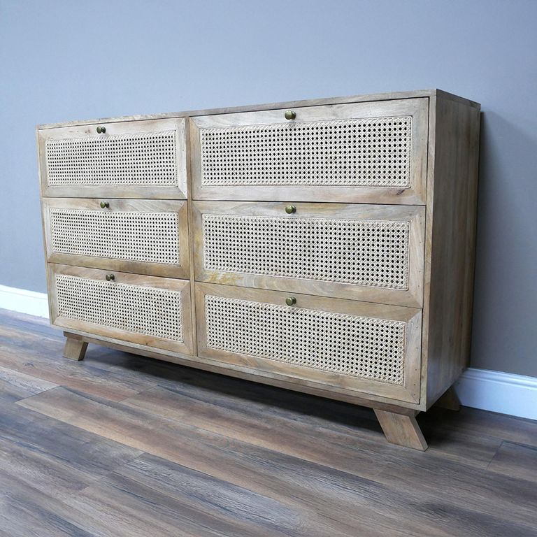 Chest - Mango Wood and Rattan - 6 Drawer - Wide