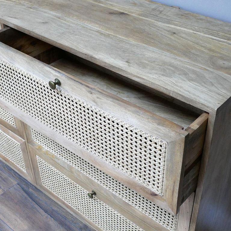Chest - Mango Wood and Rattan - 6 Drawer - Wide