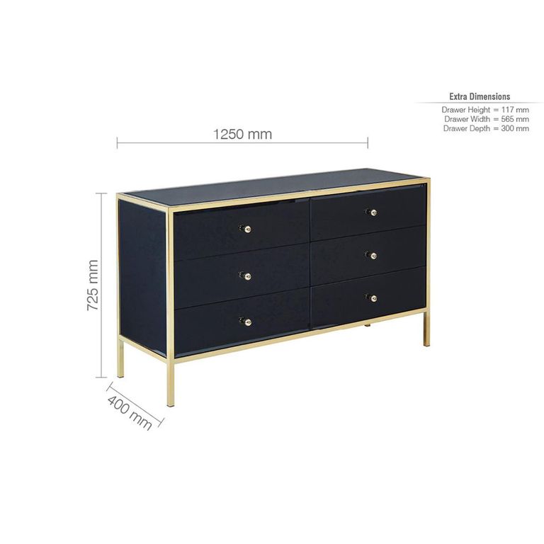 Fenwick Wide Chest - 6 Drawer - Black Glass - Gold Trim